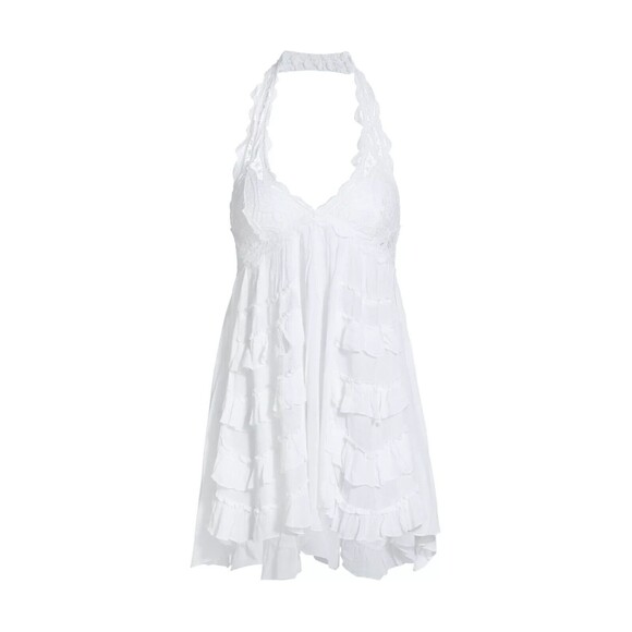 Free People One Adella Halter Slip Dress Mini White Lace Ruffles Tiered Boho - Picture 5 of 5